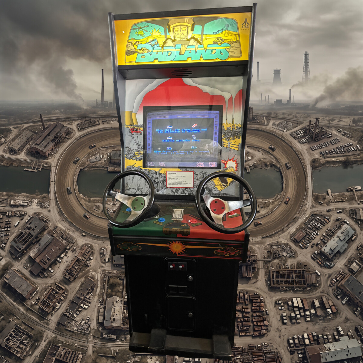 Visione dall'alto fotorealistica di un circuito di gara automobilistico in un'ambientazione industriale e post-apocalittica, con tracciato sterrato, rovine metalliche e polvere, ispirato al level design del videogioco arcade Badlands (Atari)
