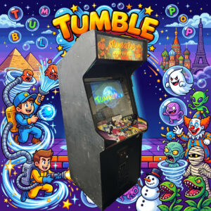Cabinato arcade originale di Tumblepop con vista angolata dal lato sinistro, monitor a tubo catodico acceso sulla schermata del titolo