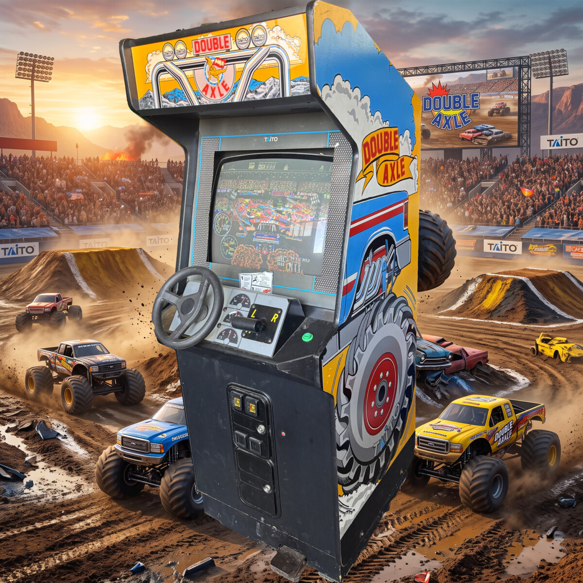 Fiancata destra del cabinato arcade originale Double Axle (Taito, 1991) con le grafiche laterali a tema monster truck