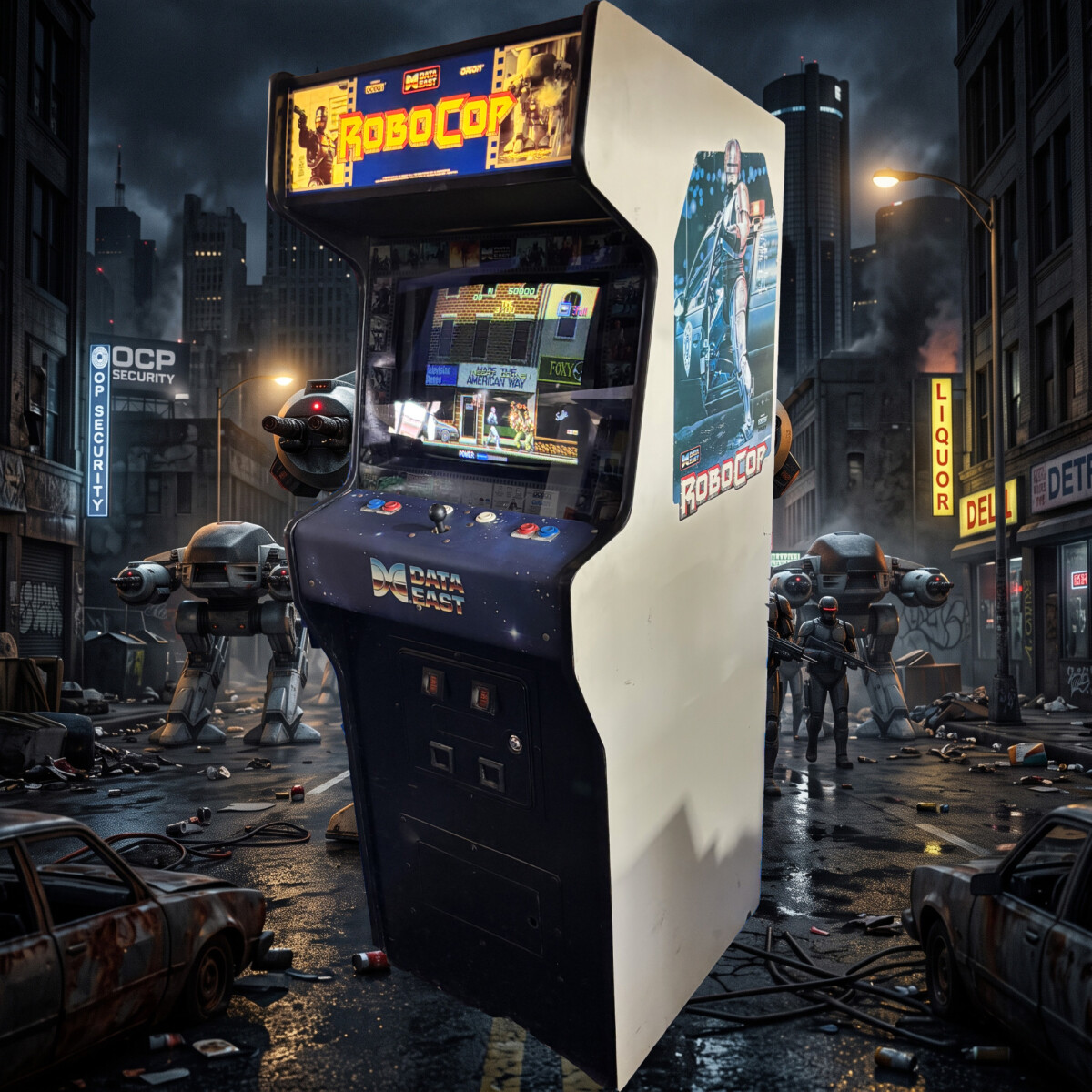 Profilo destro del cabinato arcade originale di RoboCop prodotto dalla Data East nel 1988, con le inconfondibili grafiche laterali del poliziotto cyborg.